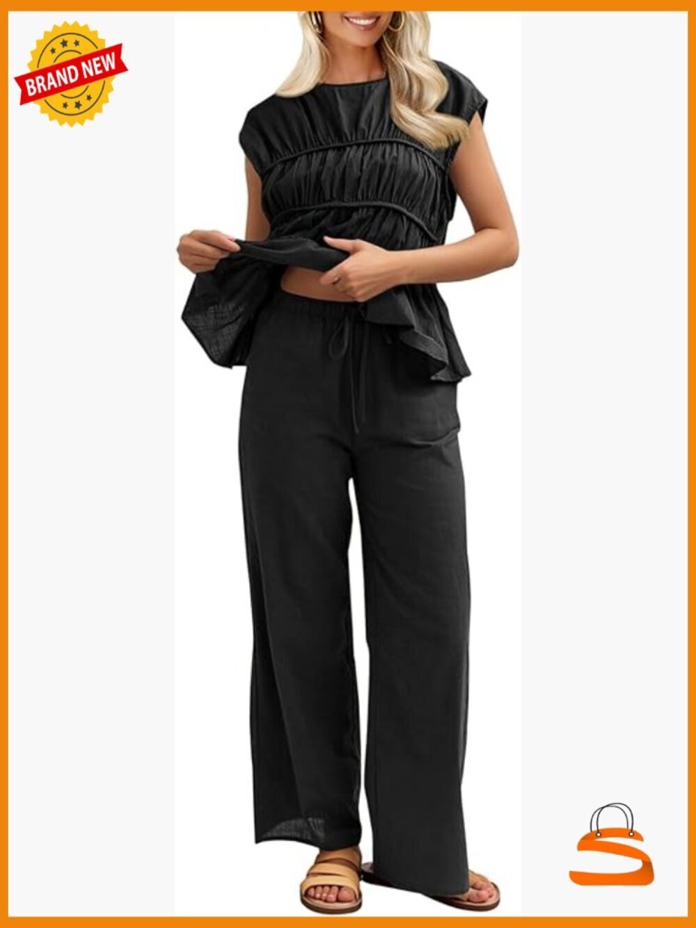 Womens 2 Piece Sets Summer Linen Babydoll Peplum Pleated Tank Top Pants Set